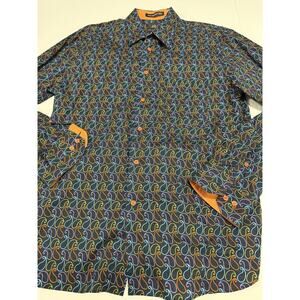 Paul Fredrick Dress Shirt Mens Large Neon Orange Green Blue Slimfit Long Sleeves